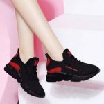 Black and Red Lace Closure Casual Soft Sole Canvas Sneakers with Medium Heel and Almond Toe for Women