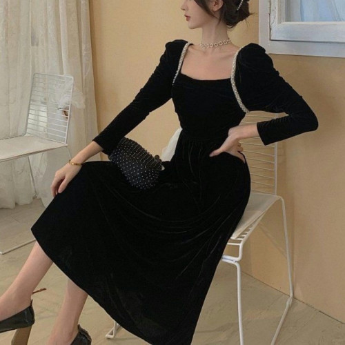 Elegant Black Velvet Knee Length Dress with Square Neckline and Long Sleeves Casual and Stylish for Women