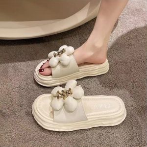 Stylish Cream White Bow Slippers Soft Bottom Open Toe Medium Heel Rubber Sole Perfect for Casual Wear