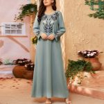 Gray Embroidered A-Line Muslim Women’s Maxi Dress High-Quality Fashionable Long Sleeve Casual Ankle-length Abaya