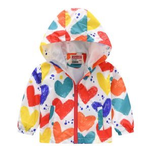 Vibrant Heart Print Hooded Jacket for Kids Warm Stylish and Fun Polyester Hoodie