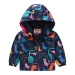 Dinosaur Adventure Kids Hooded Jacket in Lightweight Polyester Dark Blue Cartoon Pattern Zipper Closure!