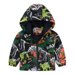 Roar into Adventure! Black Dinosaur Print Kids Windproof Hooded Jacket