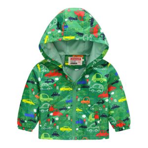 Cartoon Green Kids Hooded Jacket Fun and stylish full sleeves polyester jacket with a hoodie and zipper closure