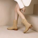 Khaki Suede Zip Women Boots with Retro Design Square Heel Round Toe Flat Sole Trendy and Chic!