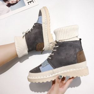 White Suede High-Top Lace Women Boots with Retro Creative Stitching Design & Medium Heel