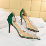 Elegant Green Crystal Pointed Toe High Heels with Spike Heels Slip-On Closure for Women