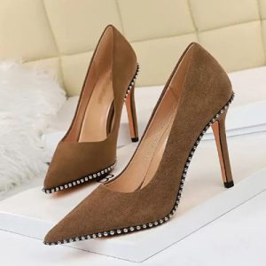 Khaki Suede Beads Slip-On High Heels Pointed Toe Spike Heels for Women