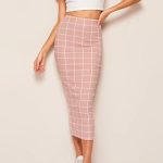 Pink Geometric High Waist Midi Bodycon Skirt Stylish Grid Design for Women in Terylene Material