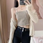 Beige Houndstooth Camisole Adjustable Sleeveless Spaghetti Strap Women’s Mini Top