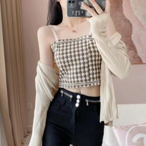 Beige Houndstooth Camisole Adjustable Sleeveless Spaghetti Strap Women's Mini Top