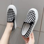 Stylish Houndstooth Canvas Slip On Flats for Women Round Toe Rubber Sole Black