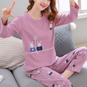 Comfy Pink & Purple Animal Print Women's Pajama Set Round Neck Long Sleeves Full-length 2Pcs Set for Casual Home Wear