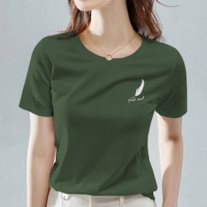 Green Leaf Print Round Neck T-Shirt Casual Chic for Women