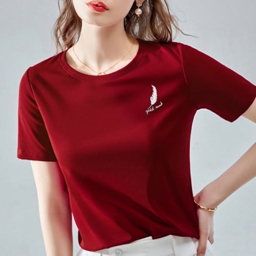 Summer Vibes in Wine Red Leaf Print Cotton Blend Women’s Top Shirt Short Sleeves Round Neck Casual T-Shirt for Outdoor Fashion