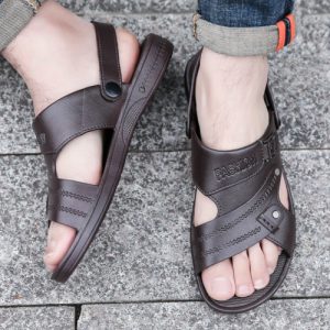 All-Day Comfort Non-Slip Dual-Use Open Toe Sandals Soft Bottom Flat Heel Rubber Sole Strap Closure Perfect for Men! Brown