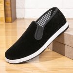 Black Almond Toe Slip On Suede Flats for Men Casual Style with Flat Heels and Plastic Sole