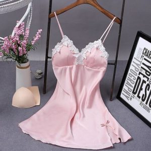 Elegant Satin Nightwear for a Romantic Evening Slim Fit High Quality Lace Strap Closure Light Pink Shade