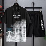 Stylish Black Printed Men’s Two-Piece Set Short Sleeves Elastic Waist Shorts Polyester Material Perfect for Any Occasion