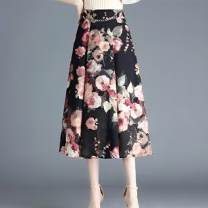 Black Floral Print Elastic Waist A-Line Midi Skirt for Women