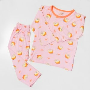 Cute Pink Cartoon Print Matching Cotton Pajama Set for Girls Round Neck 2 Pieces Sleepwear Suit