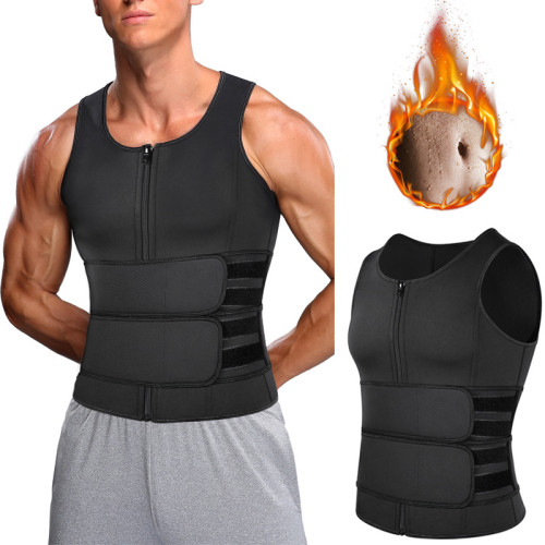 Black Nylon Zipper Corset Men’s Gym Body Slimming Waist Trainer Shapewear with Double Strap Sweat Vest Jacket