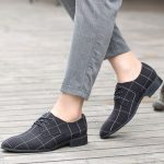 Almond Toe Lace Closure Black PU Leather Business Shoes Modern Plaid Design Flat Heel Rubber Sole Ideal for Men’s Formal Attire