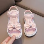 Sparkling Pink Crystal Bow Sandals Stylish Velcro Closure Breathable & Soft-Soled Outdoor Shoes for Toddler & Little Girls