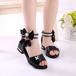 Stylish Black Bowknot Sandals for Trendy Girls Perfect for Parties and Princesses Synthetic Leather Buckle Closure