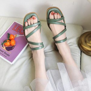 Green Strappy Synthetic Leather Slip In Slippers Stylish Casual Wear for Women Flat Sole Plastic Sole Open Toe All Occasions