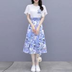 Floral Print Two Piece Set Elastic Waist Belt Skirt + Flared Sleeve Blouse Perfect for casual occasions A-Line style knee length blue Women’s summer dress