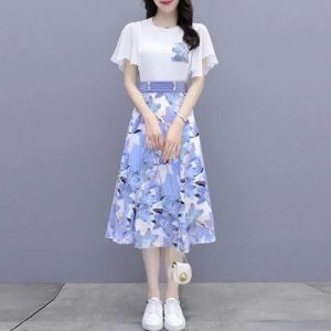 Floral Print Two Piece Set Elastic Waist Belt Skirt + Flared Sleeve Blouse Perfect for casual occasions A-Line style knee length blue Women's summer dress