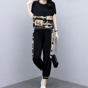 Stylish and Versatile Black Digital Print Two Piece Set for Women Casual Straight Fit Short Sleeves Full Length