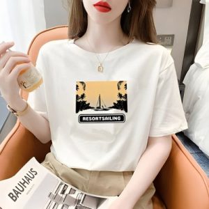 White Sail Sailing Summer T-Shirt Graphic Print Short Sleeves Round Neck Comfortable Stylish Ladies Top for Casual Travel