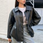 Stylish Stand Collar Black PU Leather Jacket Long Sleeves Front Button Closure Perfect for Casual Street Style and Motorcycle Outfits Women’s Overwear