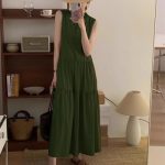 Stylish Green V-Neck Sleeveless Midi Dress Perfect for Casual Outdoor Summer Wear and Beach Parties Loose Fit Button Design Women’s Fashion Dress