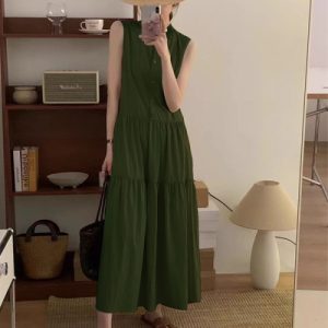 Stylish Green V-Neck Sleeveless Midi Dress Perfect for Casual Outdoor Summer Wear and Beach Parties Loose Fit Button Design Women's Fashion Dress