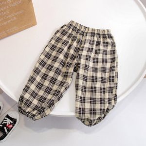 Plaid Pattern Elastic Waist Kids Trousers Stylish and Comfortable Pants for Trendy Boys and Girls Unisex Cotton Blend Bottoms