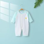 Stylish and Comfortable Cotton Blend Striped Jumpsuit for Kids White Green Button-Up Romper Perfect for Summer Casual Wear