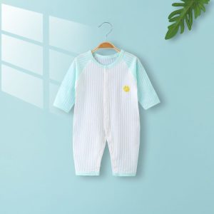 Stylish and Comfortable Cotton Blend Striped Jumpsuit for Kids White Green Button-Up Romper Perfect for Summer Casual Wear