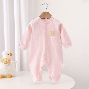 Pink Cartoon Button-Up Cotton Jumpsuit Affordable Baby Bodysuit for Kids Soft and Comfortable Ideal Sleepwear and Crawling Suit