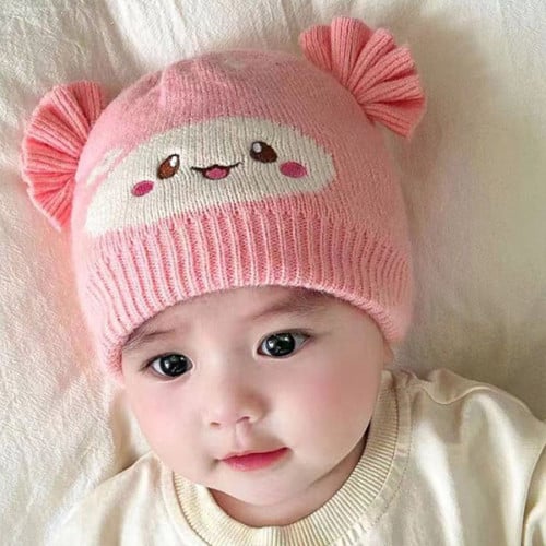 Adorable Pink Cartoon Hat for Kids Soft Knitted and Elastic Closure Suitable for 3-24 Months!