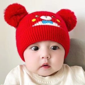 Adorable Red Bear Knitted Hat for Kids | Soft Cotton Blend | Cute Cartoon Pattern | Suitable for 3-24 Months