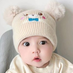 Adorable Beige Cartoon Hat for Kids Soft Knitted Elastic Closure Perfect for 3-24 Months