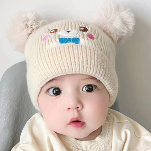 Adorable Beige Cartoon Hat for Kids Soft Knitted Elastic Closure Perfect for 3-24 Months