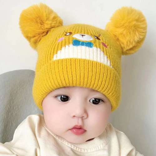 Adorable Cartoon Bear Hat for Kids Soft Ribbed Pattern Elastic Closure Perfect for 3-24 Months Yellow Cotton Blend