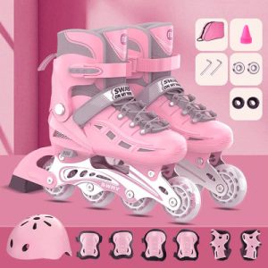 Fun and Safe Pink Printed Skates Shoes for Kids High Top Roller Skates Set Outdoor Sports Gear for Boys Fabric Material Multi-Closure Design