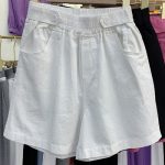 White Summer High Waist Elastic Shorts with Double Pockets Women’s Casual Wide Leg Denim Shorts