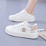 Stylish Floral Sneakers Comfy Trendy Women Shoes with Lace Closure Synthetic Leather Medium Heel Round Toe Khaki Color EVA Sole