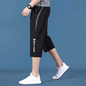 Black Printed Elastic Waist Men's Sports Shorts Lightweight Polyester Casual Wear for All Seasons